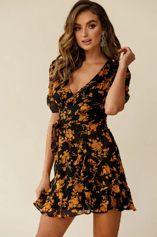 Wonderland Wrap Front Tea Dress Floral Print Black/Mustard