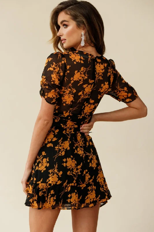 Wonderland Wrap Front Tea Dress Floral Print Black/Mustard