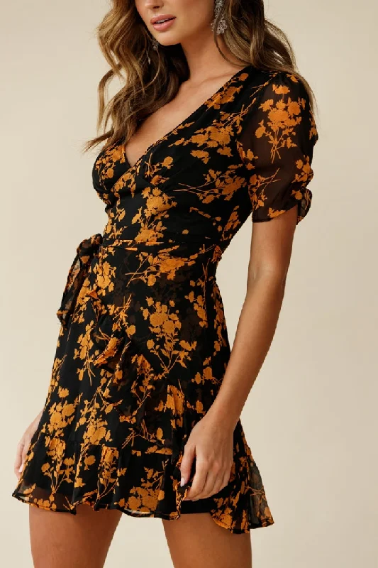 Wonderland Wrap Front Tea Dress Floral Print Black/Mustard