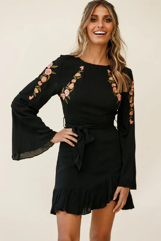 Yara Floral Embellished Fit and Flare Dress Black