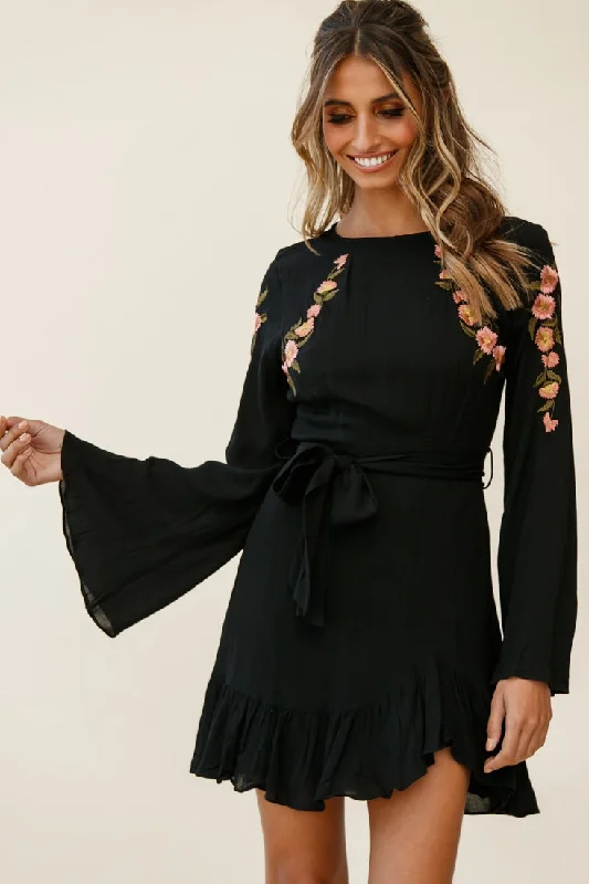 Yara Floral Embellished Fit and Flare Dress Black