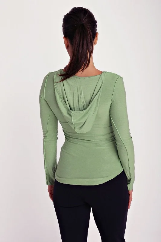 Deep Scoop Neck Long Sleeve Hoodie Top (Bamboo Green)