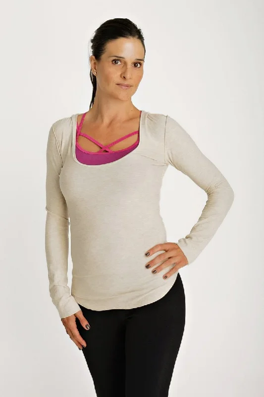 Deep Scoop Neck Long Sleeve Hoodie Top (Sand Beige)