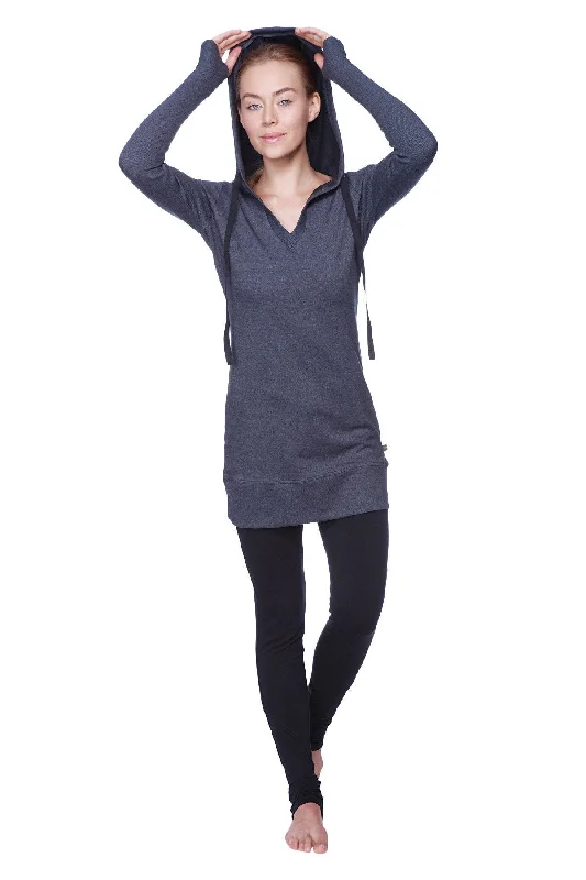 Women's Long Body Hoodie Top (Charcoal w/Black)