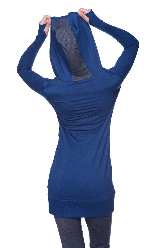 Women's Long Body Hoodie Top (Royal Blue w/Charcoal)