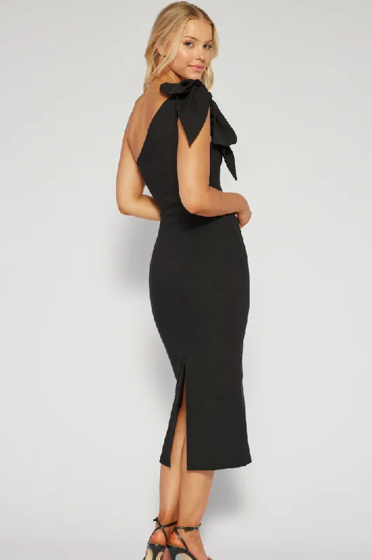 AVEC BOW ONE SHOULDER MIDI DRESS - Black