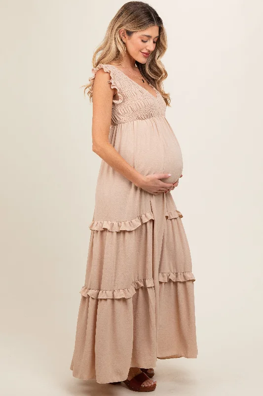 Beige Smocked Ruffle V-Neck Maternity Maxi Dress