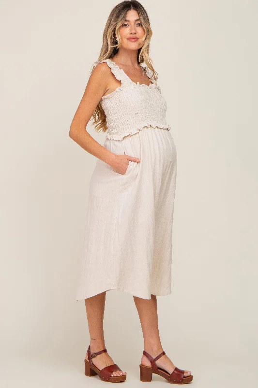 Beige Square Neck Smocked Sleeveless Maternity Midi Dress