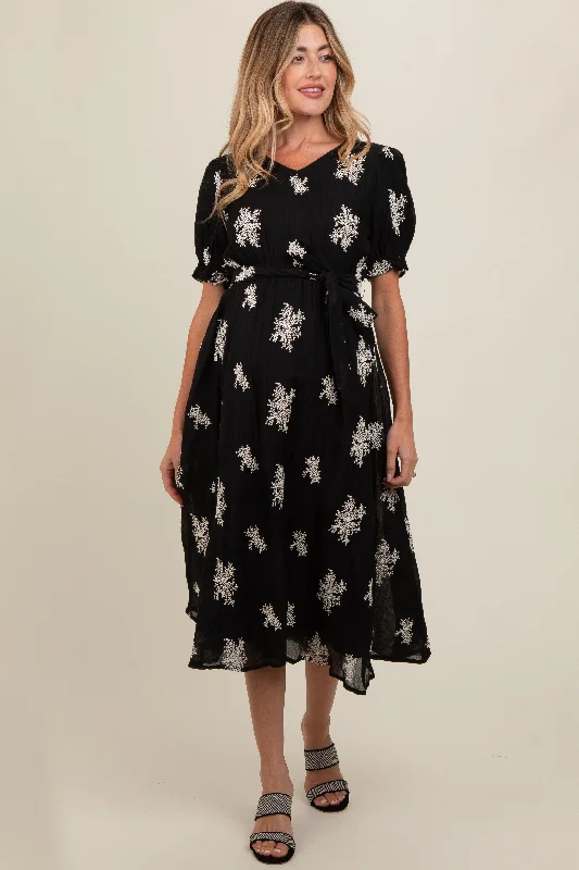 Black Embroidered Sash Tie Maternity Midi Dress