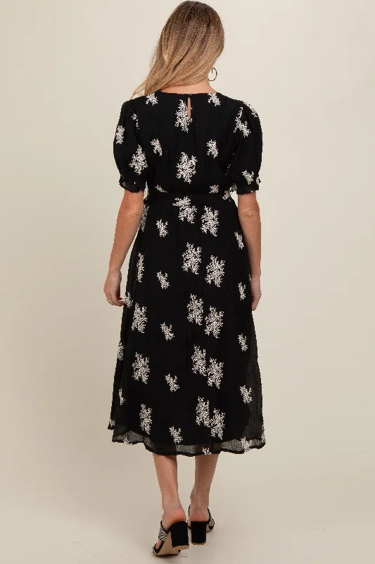 Black Embroidered Sash Tie Maternity Midi Dress