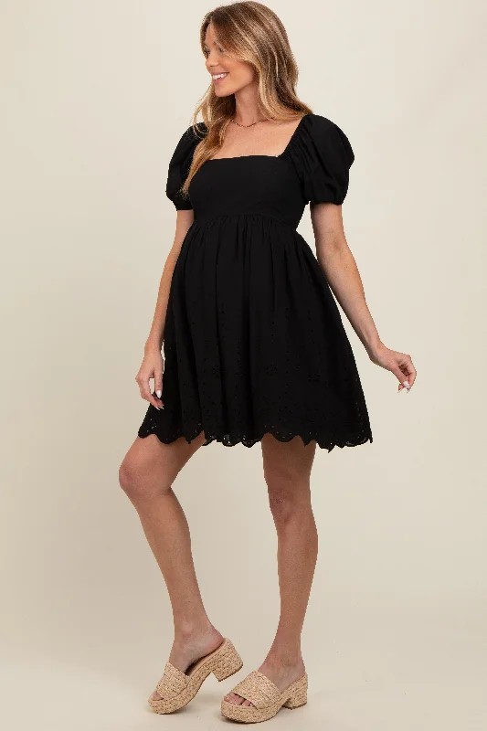 Black Eyelet Lace Puff Sleeve Maternity Dress