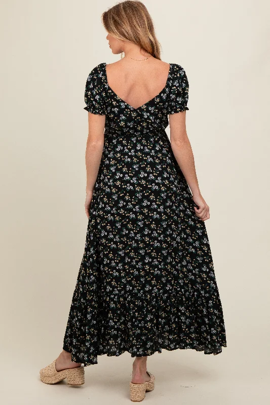 Black Floral Short Sleeve Maternity Maxi Dress