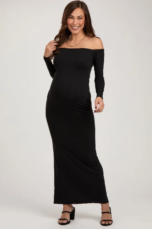 Black Off Shoulder Long Sleeve Maternity Maxi Dress