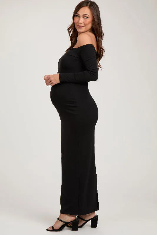 Black Off Shoulder Long Sleeve Maternity Maxi Dress