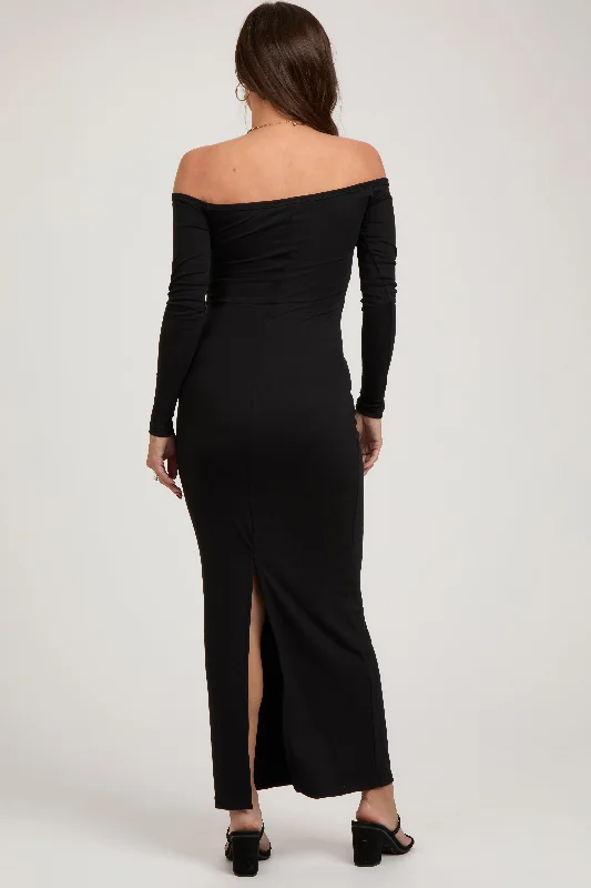 Black Off Shoulder Long Sleeve Maternity Maxi Dress