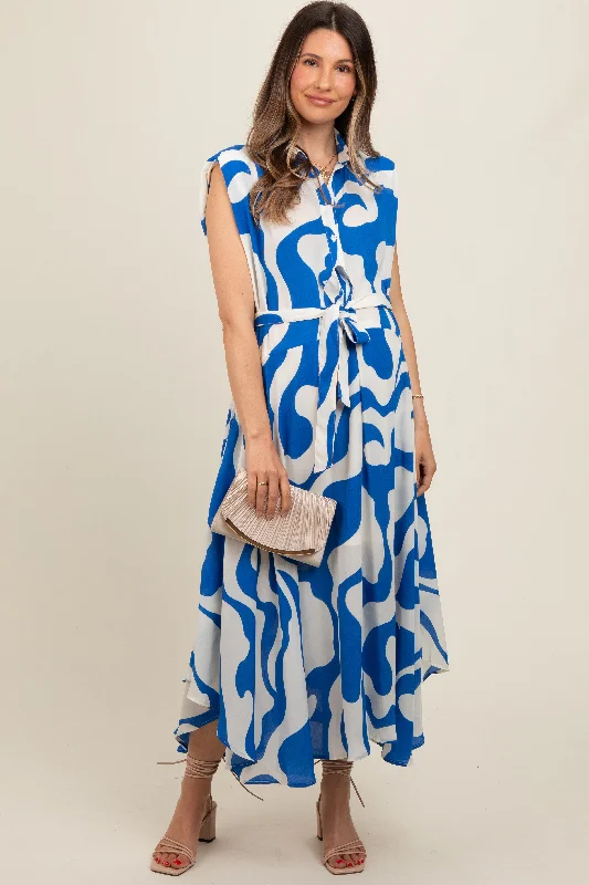 Blue Abstract Print Collared Belted Maternity Dress