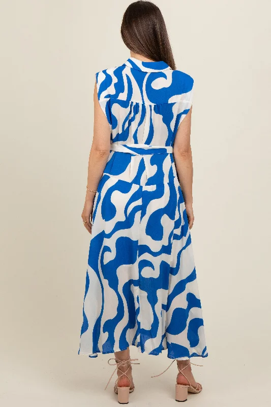 Blue Abstract Print Collared Belted Maternity Dress