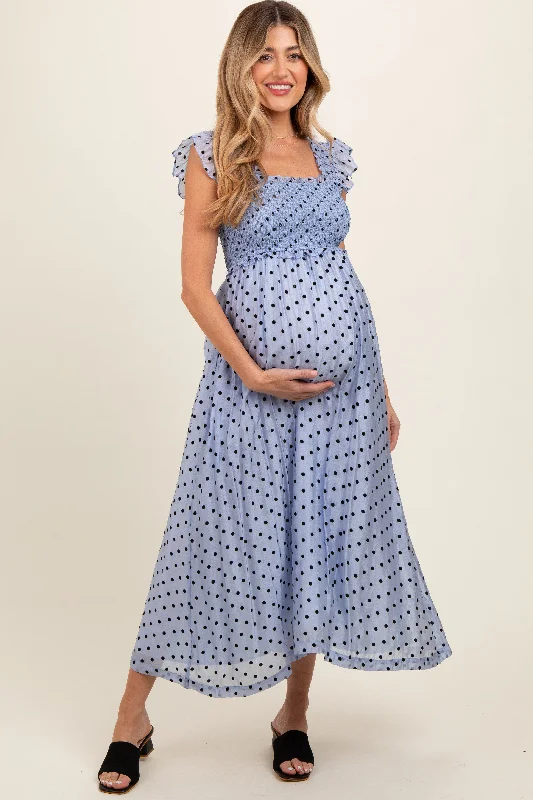 Blue Polka Dot Smocked Maternity Midi Dress