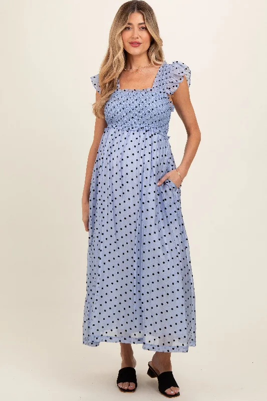 Blue Polka Dot Smocked Maternity Midi Dress