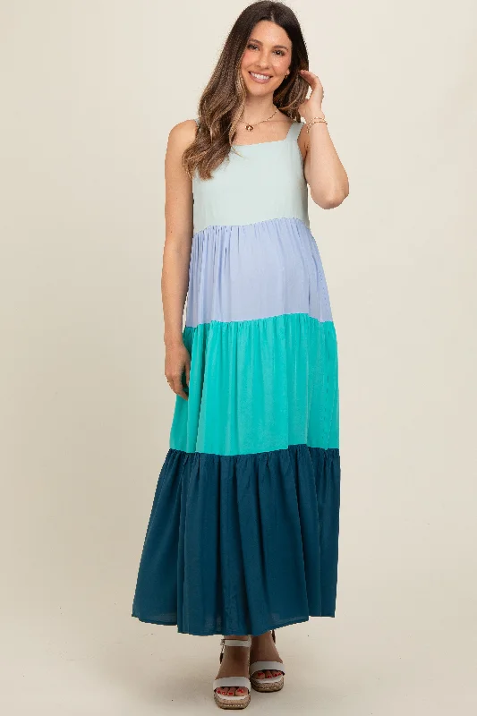 Blue Tiered Colorblock Maternity Maxi Dress