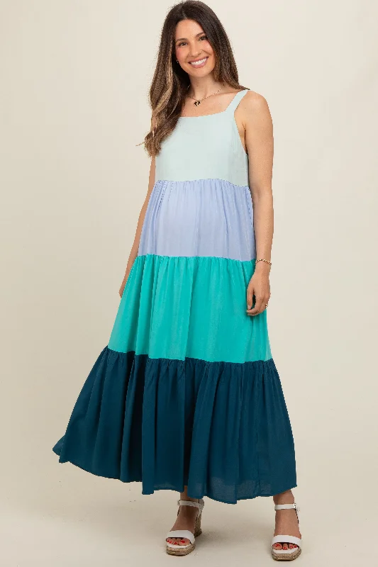 Blue Tiered Colorblock Maternity Maxi Dress