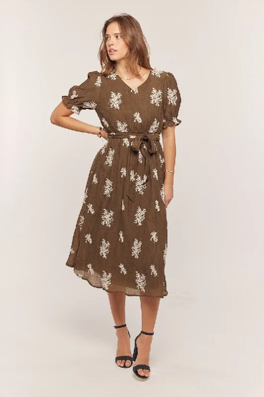 Brown Embroidered Sash Tie Maternity Midi Dress