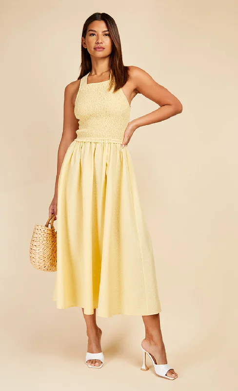 Butter Yellow Tie Back Shirred Midaxi Dress