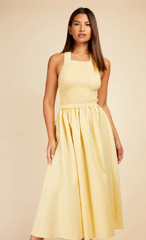 Butter Yellow Tie Back Shirred Midaxi Dress