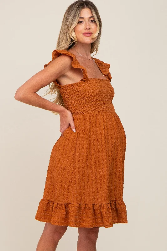 Camel Textured Sleeveless Smocked Maternity Dress