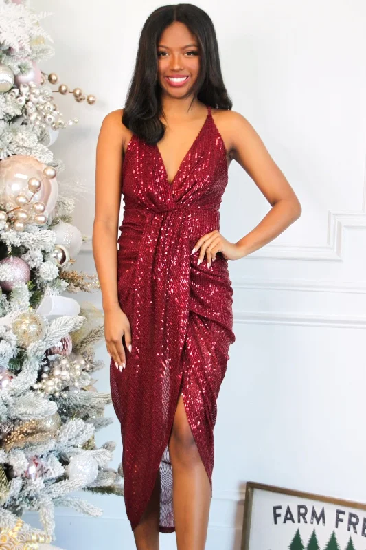 Can't Quit You Midi Dress: Burgundy SEQUIN