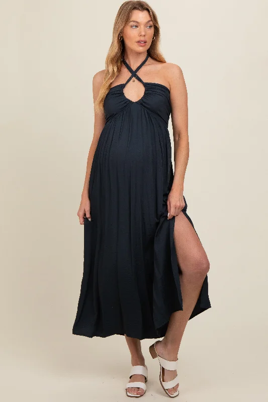 Charcoal Halter Deep V-Neck Maternity Maxi Dress