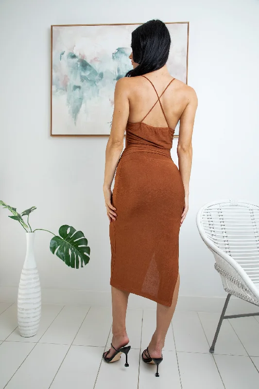 CHLOE COWL NECK MIDI DRESS - Rust Metallic