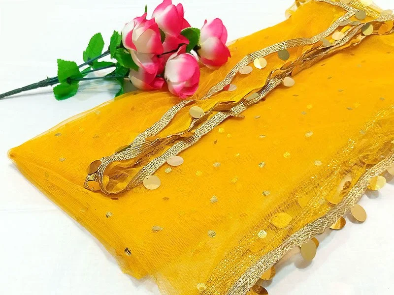 Fancy Coin Lace Net Dupatta - Yellow (DZ15007)