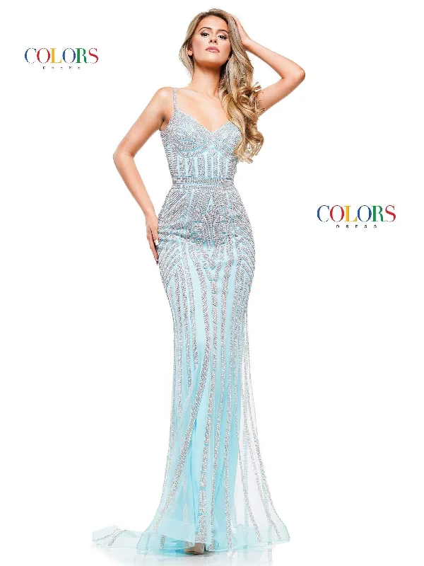 Colors G664 Colors Long Spaghetti Strap Beaded Prom Dress