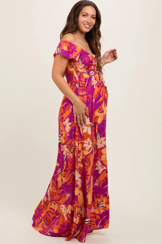 Coral Floral Smocked Off Shoulder Maternity Maxi Dress