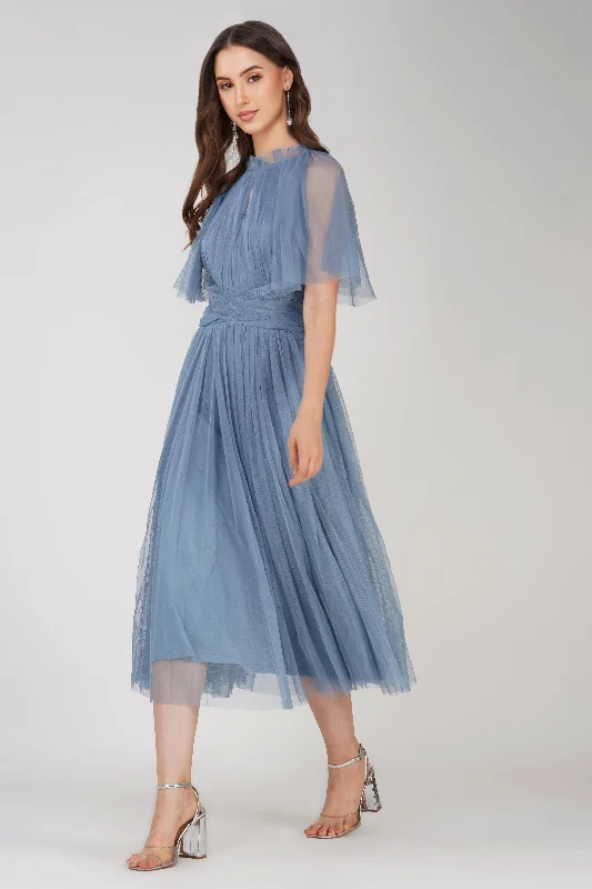 Cristiane Dusty Blue Tulle Midi Dress