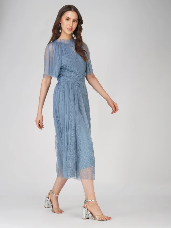 Cristiane Dusty Blue Tulle Midi Dress