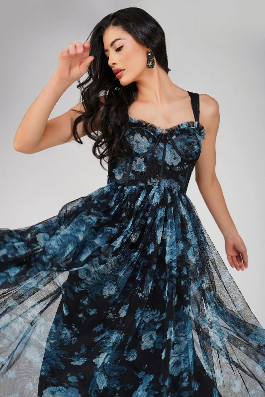 Dane Blue Floral Corset Midi Dress