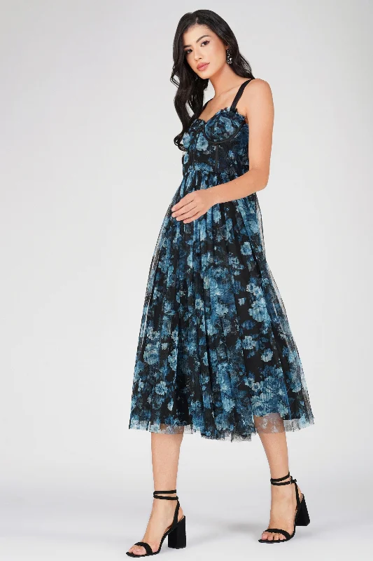 Dane Blue Floral Corset Midi Dress