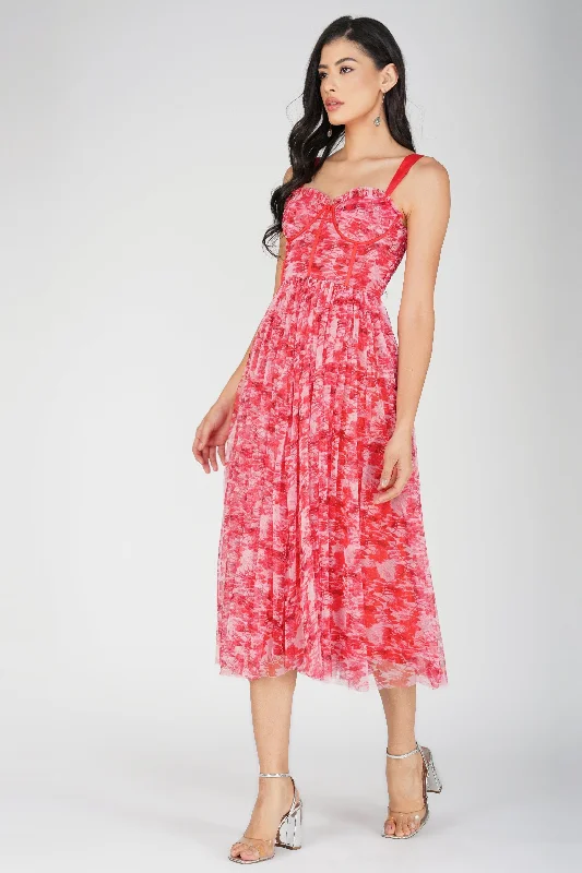 Dane Red Printed Corset Midi Dress