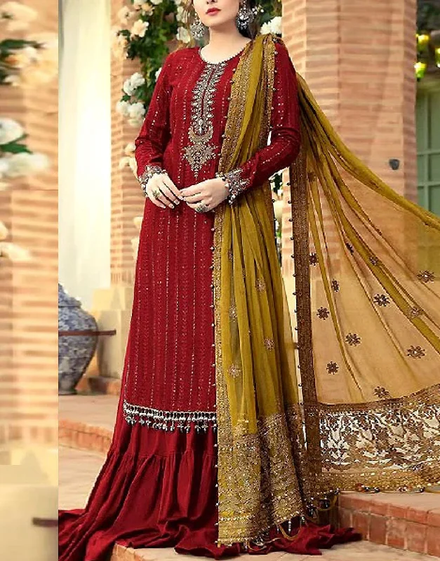 Heavy Embroidered Maroon Chiffon Party Dress 2024 (DZ15405)