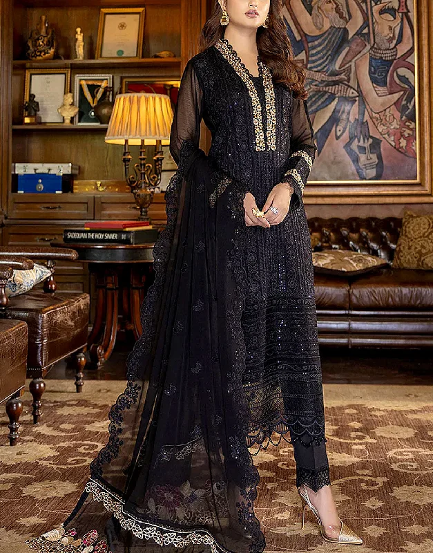 Heavy Embroidered Black Chiffon Wedding Dress 2024 (DZ16717)