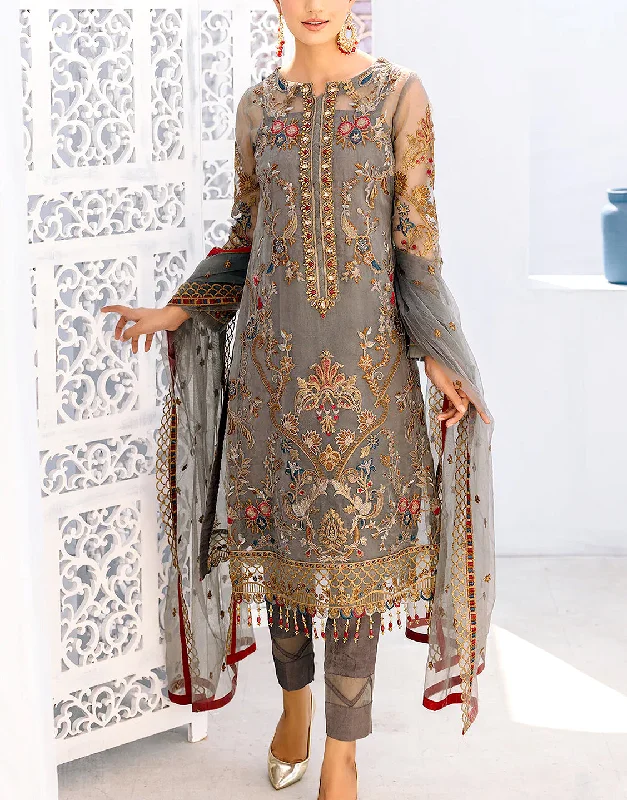 Embroidered Organza Party Wear Dress with Embroidered Net Dupatta (DZ15281)