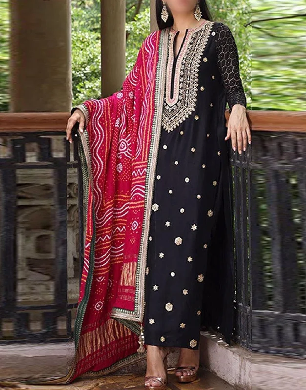 Handwork Heavy Embroidered Black Raw Silk Dress 2024 (DZ15544)