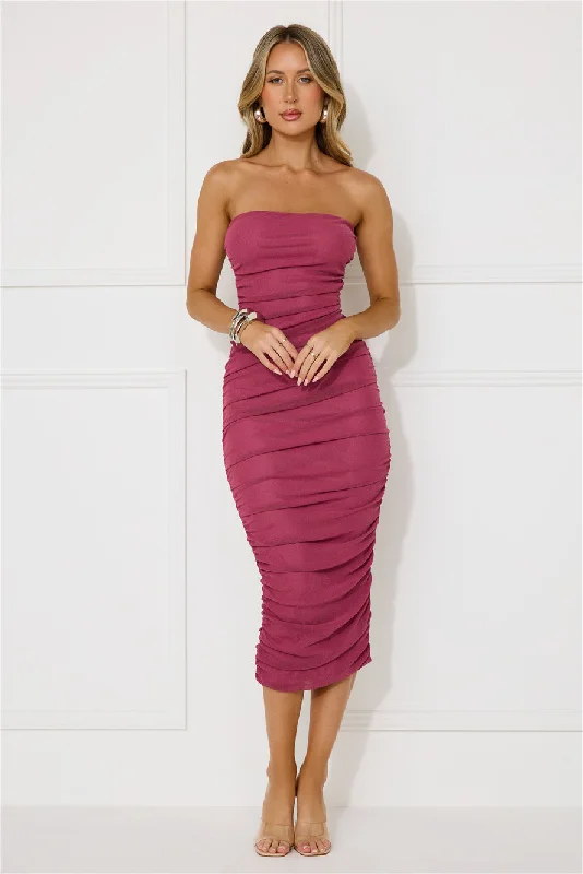 Enchanted Eve Strapless Midi Dress Burgundy