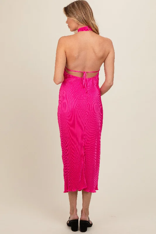 Fuchsia Knot Front Plisse Halter Maternity Midi Dress