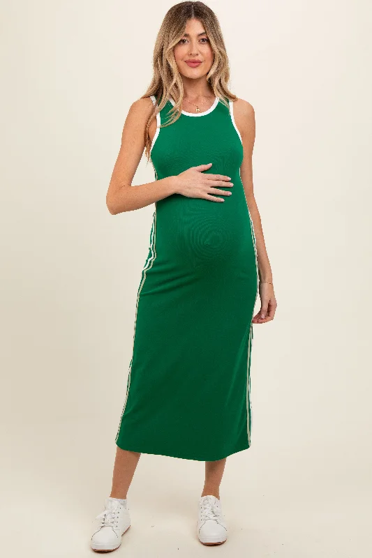 Green Sleeveless Contrasting Stripe Maternity Maxi Dress