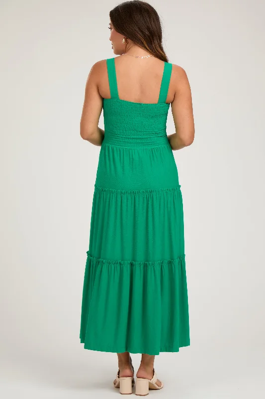 Green Sleeveless Tiered Maternity Maxi Dress