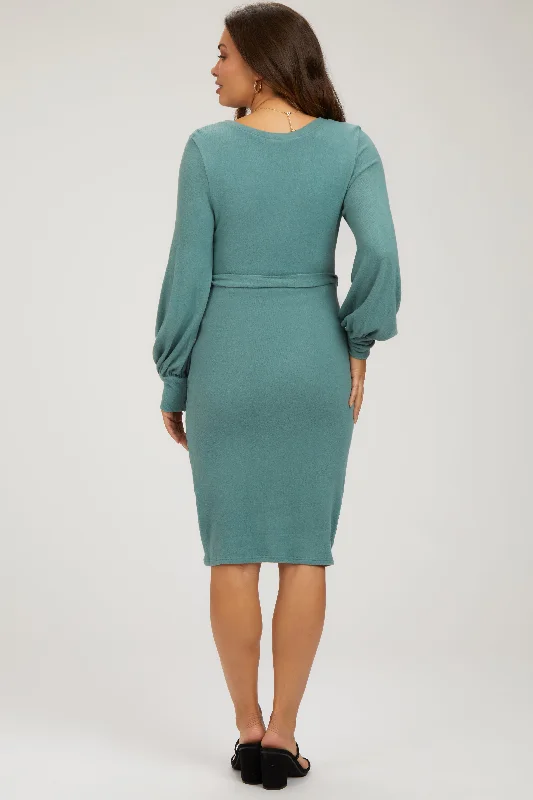 Green Soft Brushed Waist Tie Bubble Sleeve Maternity Dress