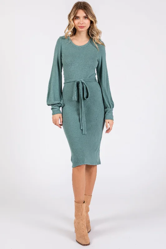 Green Soft Brushed Waist Tie Bubble Sleeve Maternity Dress